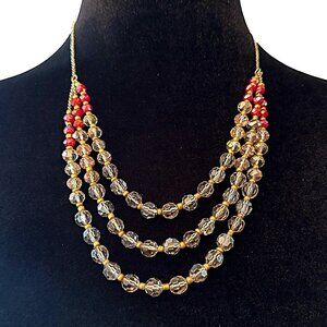 Ann Taylor LOFT Faceted Deep Rose and AB Clear Gold Tone Beads Triple Tier